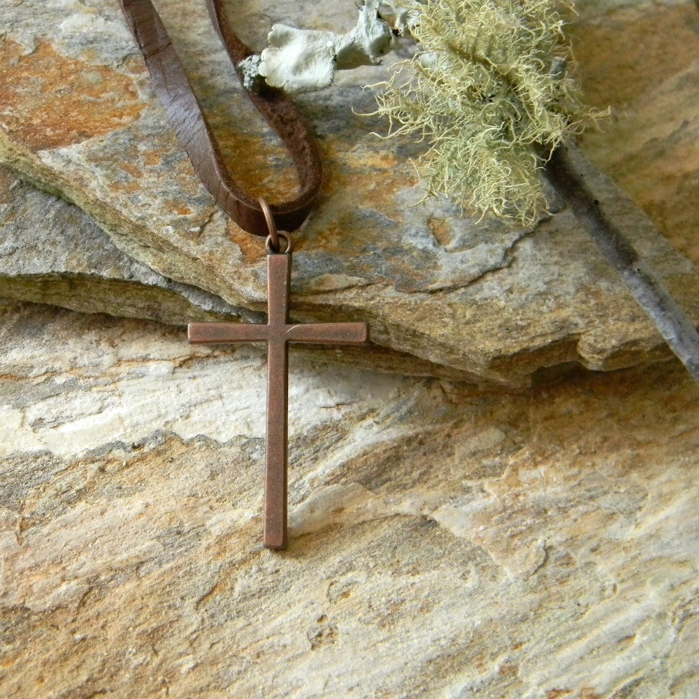 Men's Leather Cord Necklace Copper Cross