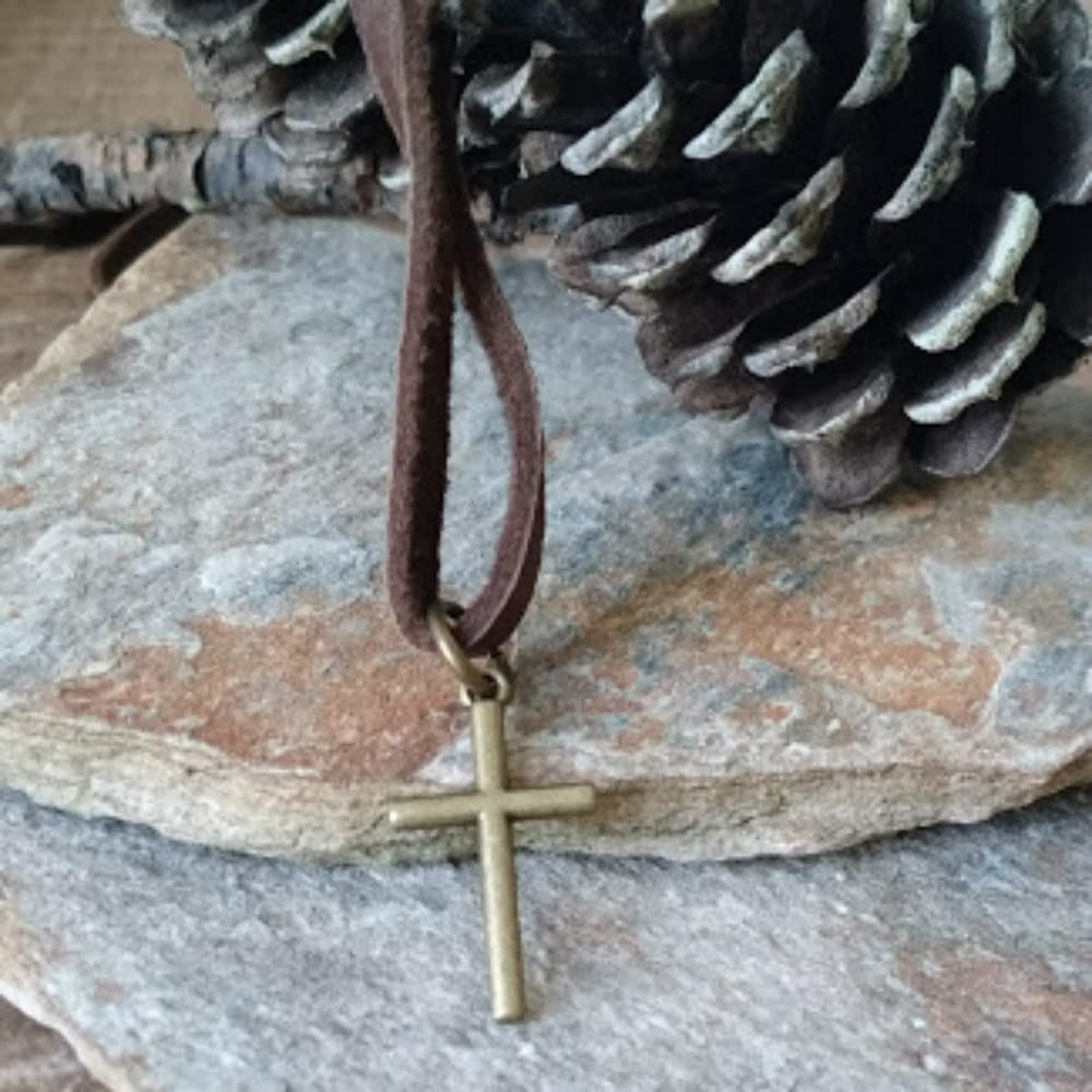 Men's Leather Cord Necklace Brass Cross