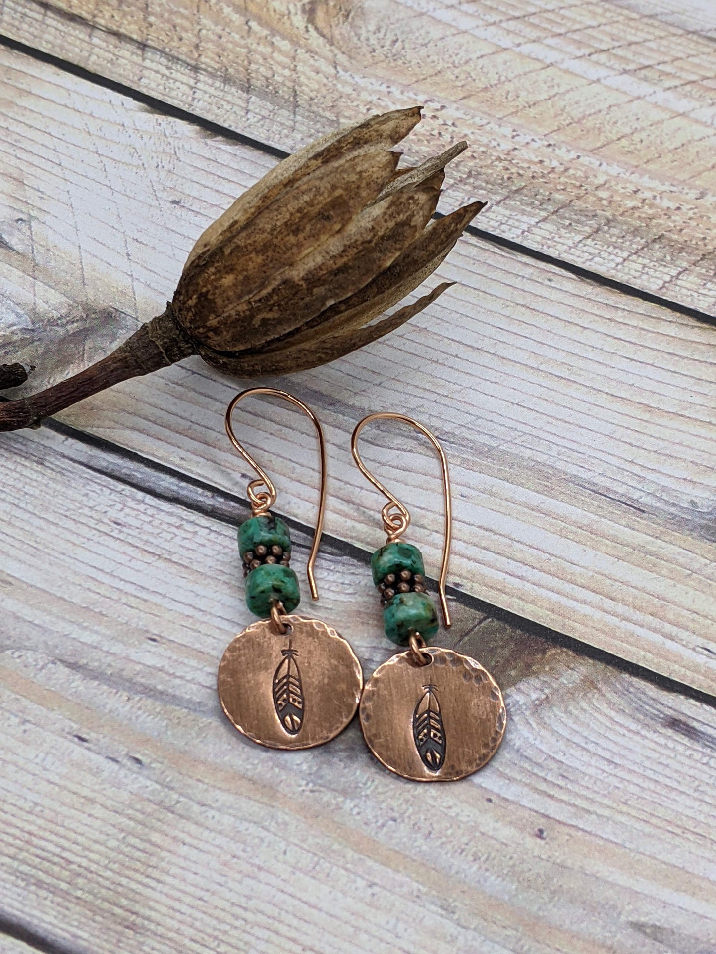 Hand Stamped Copper Earrings Feather