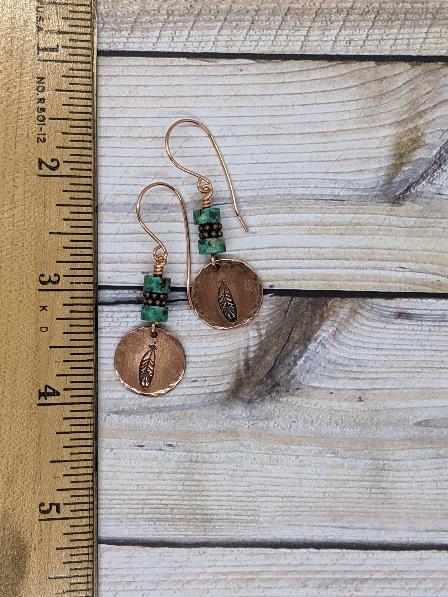 Hand Stamped Copper Earrings Feather