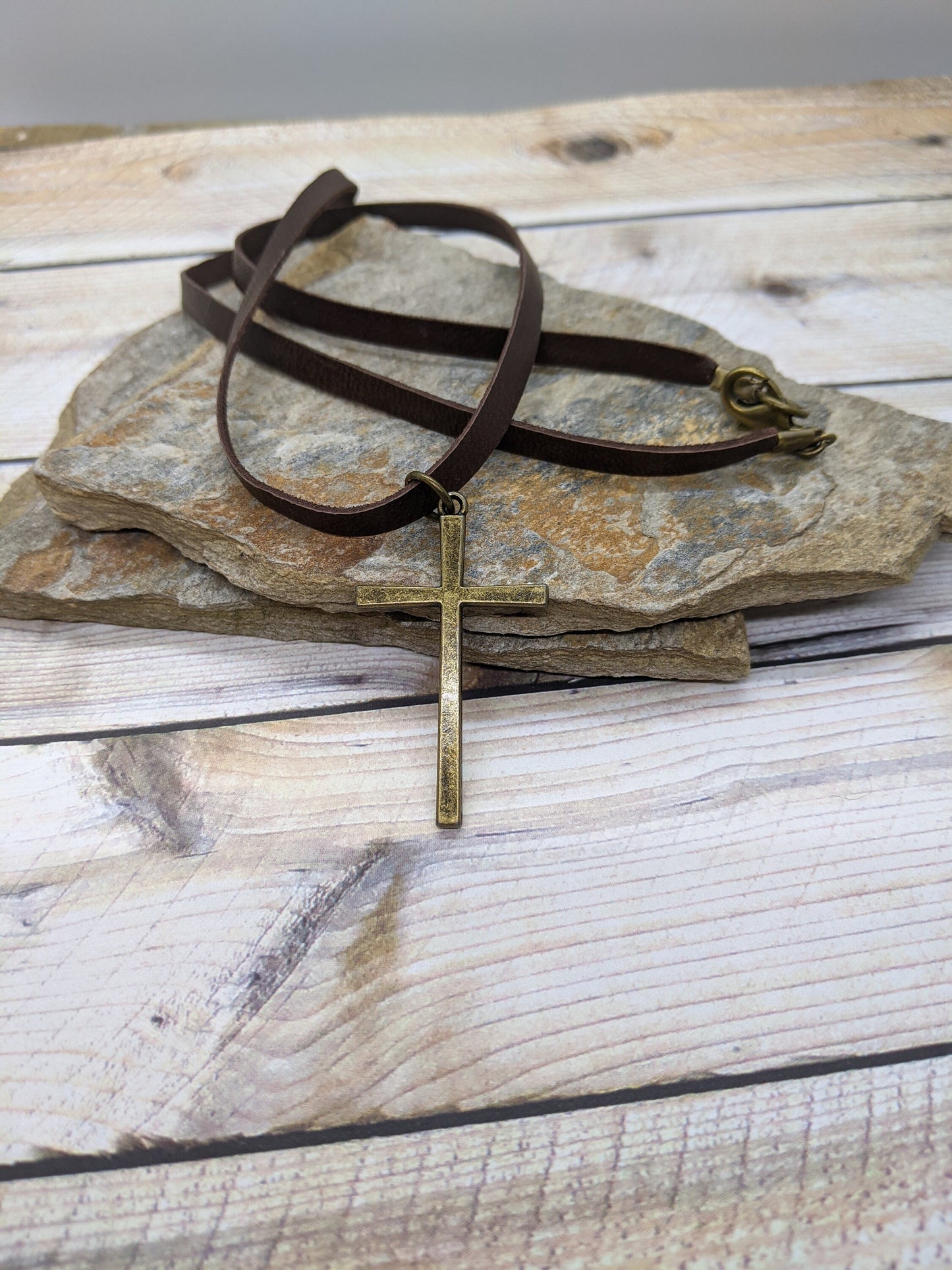 Men's Leather Cord Necklace Brass Cross
