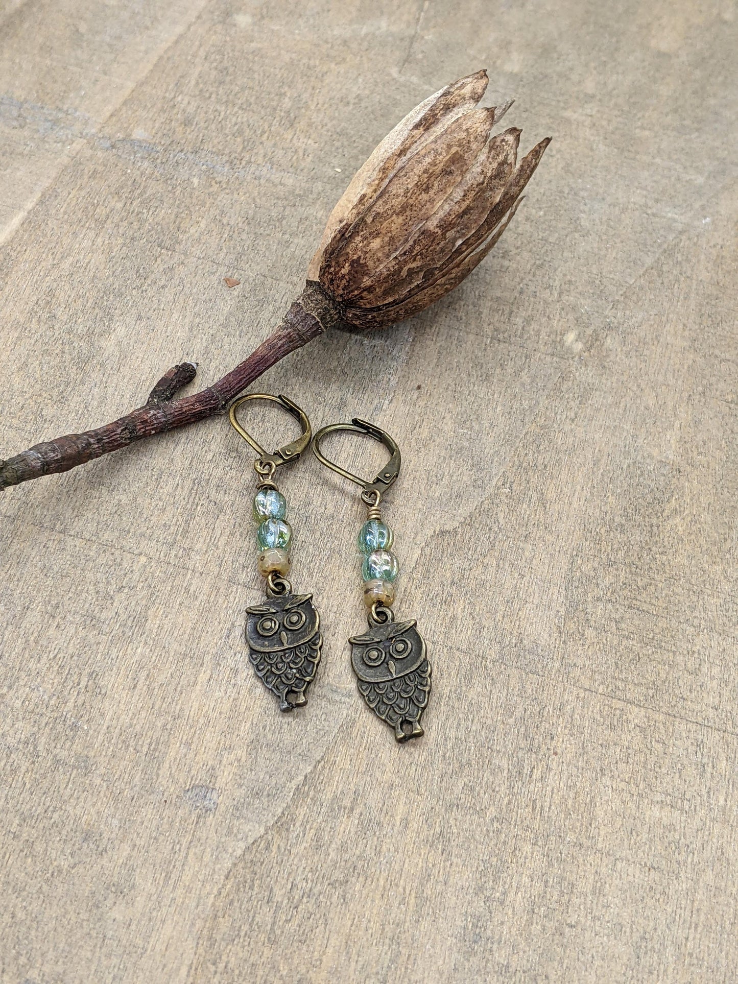 Owl Earrings Green Glass and Brass