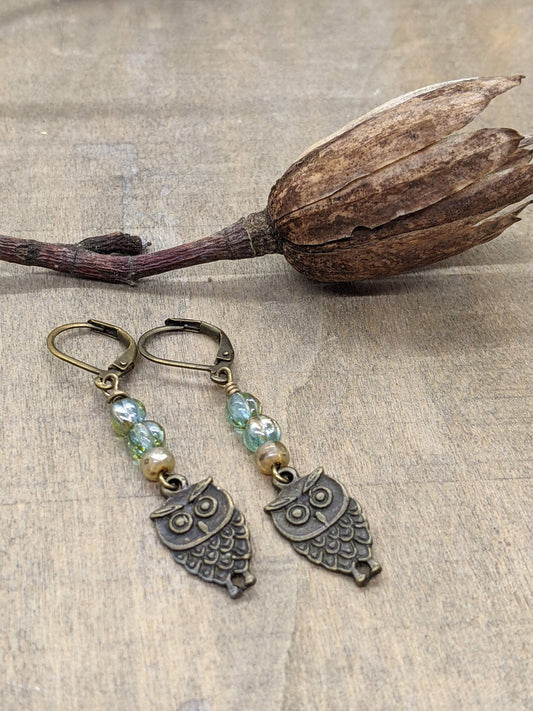 Owl Earrings Green Glass and Brass