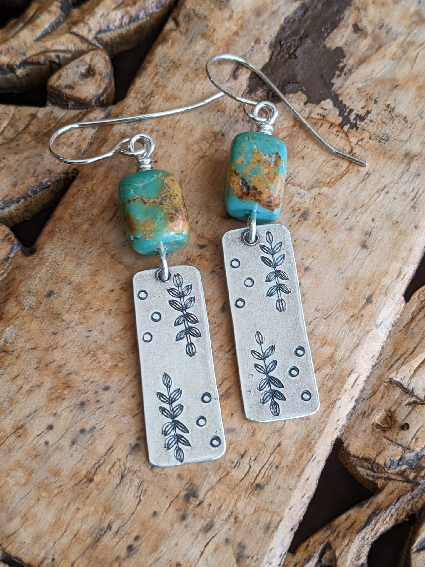 Hand Stamped Sterling Silver and Turquoise Earrings