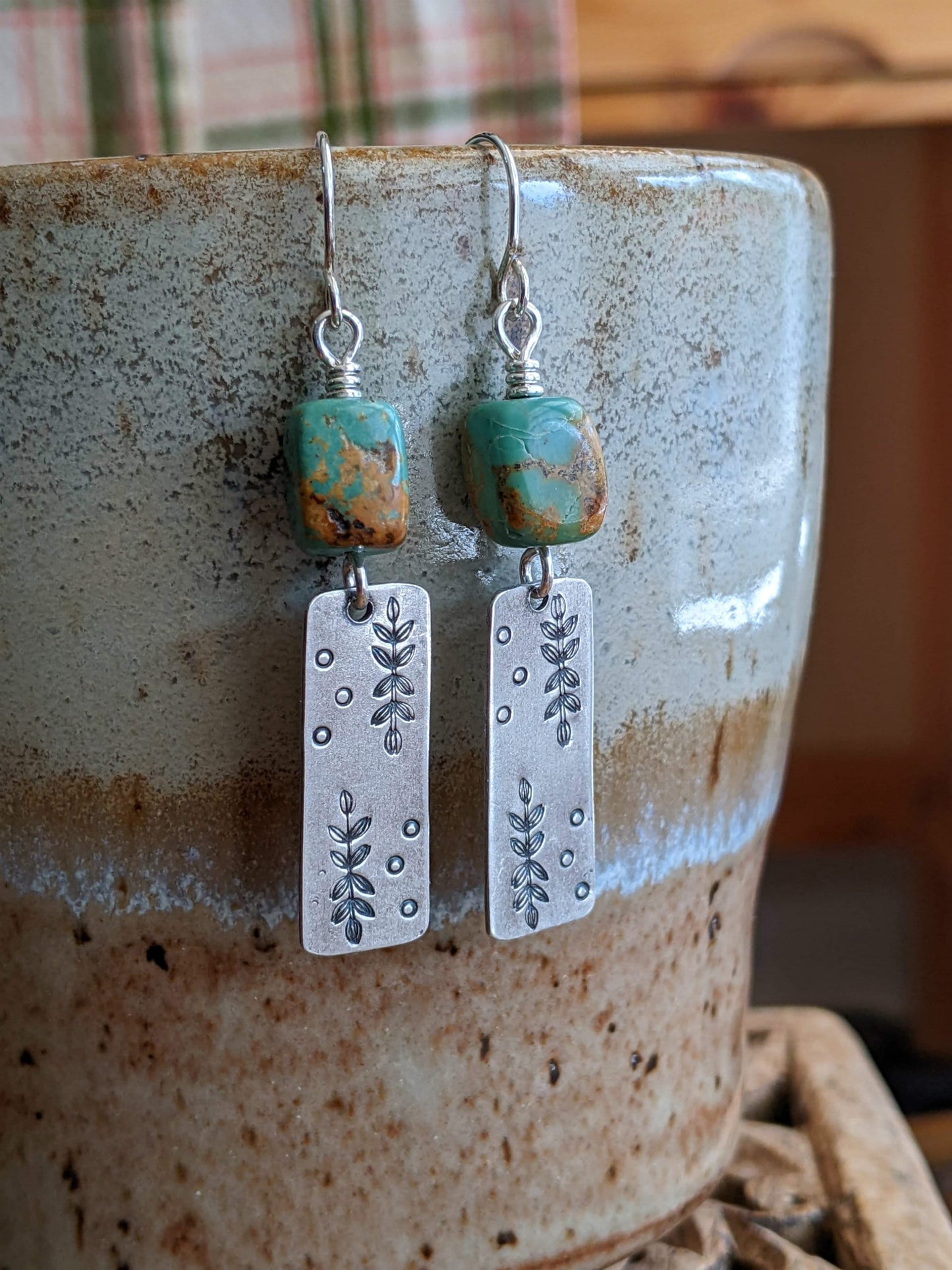 Hand Stamped Sterling Silver and Turquoise Earrings