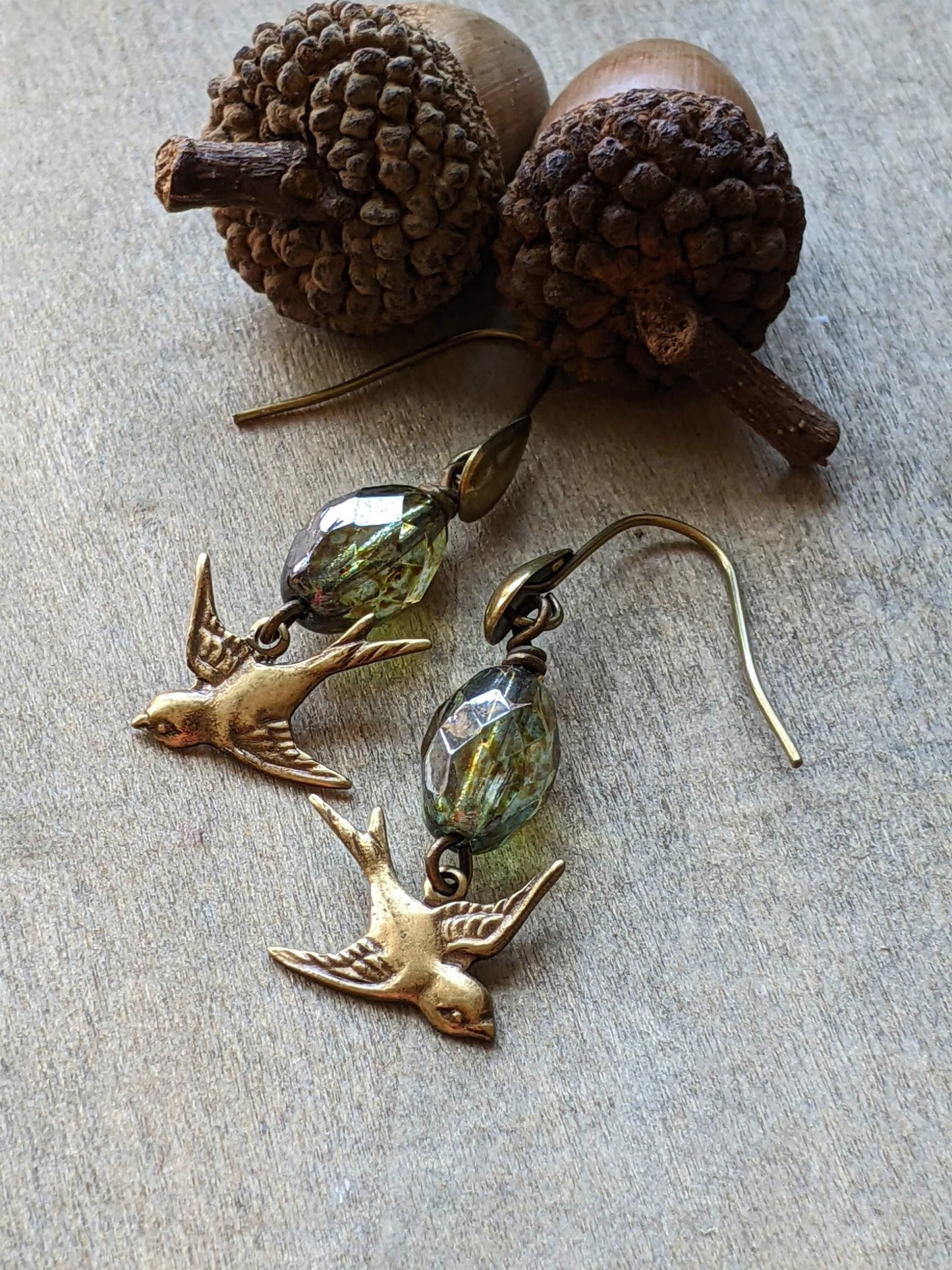 Bird Earrings Green Glass and Brass