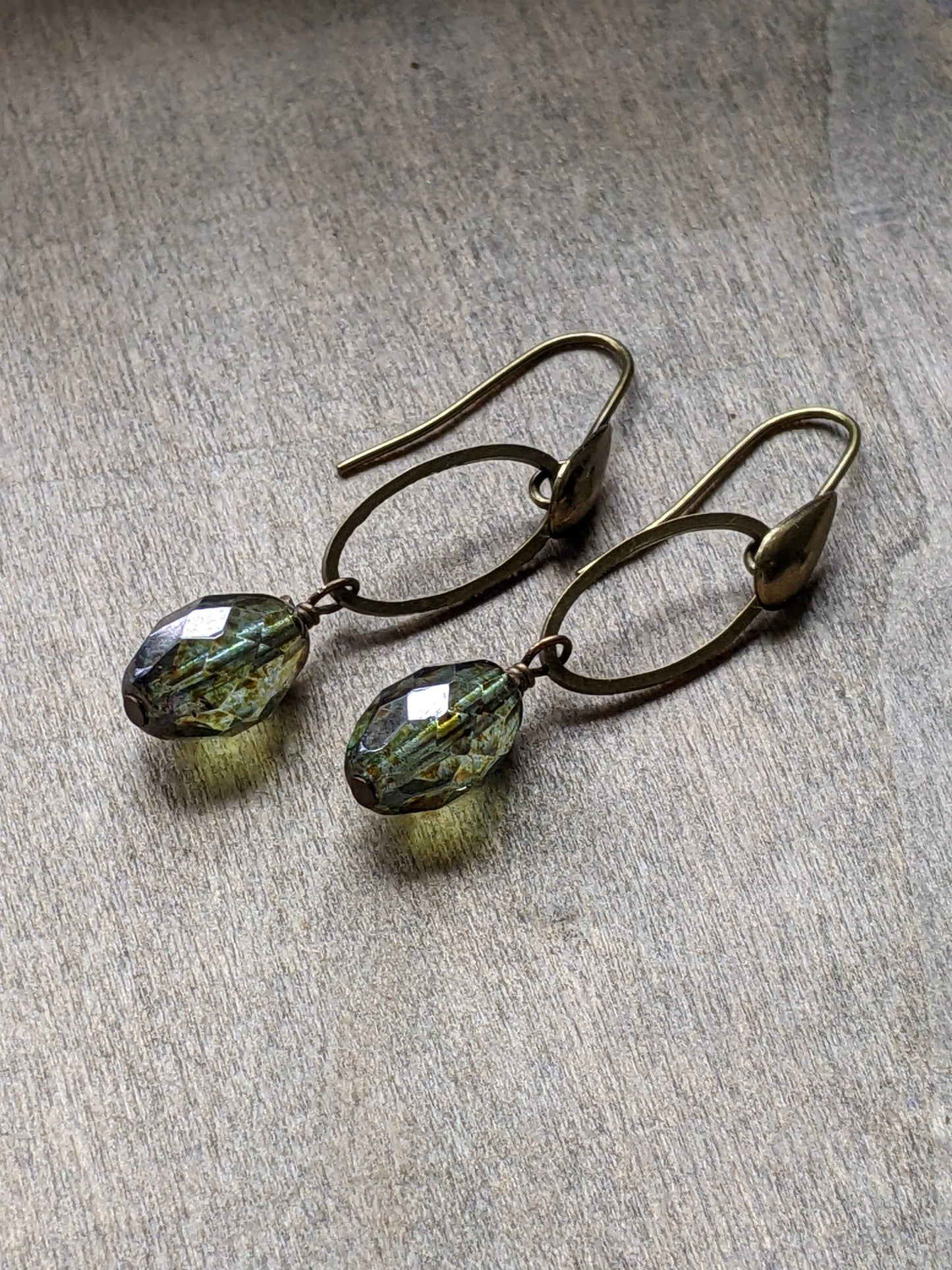 Green Glass and Brass Earrings