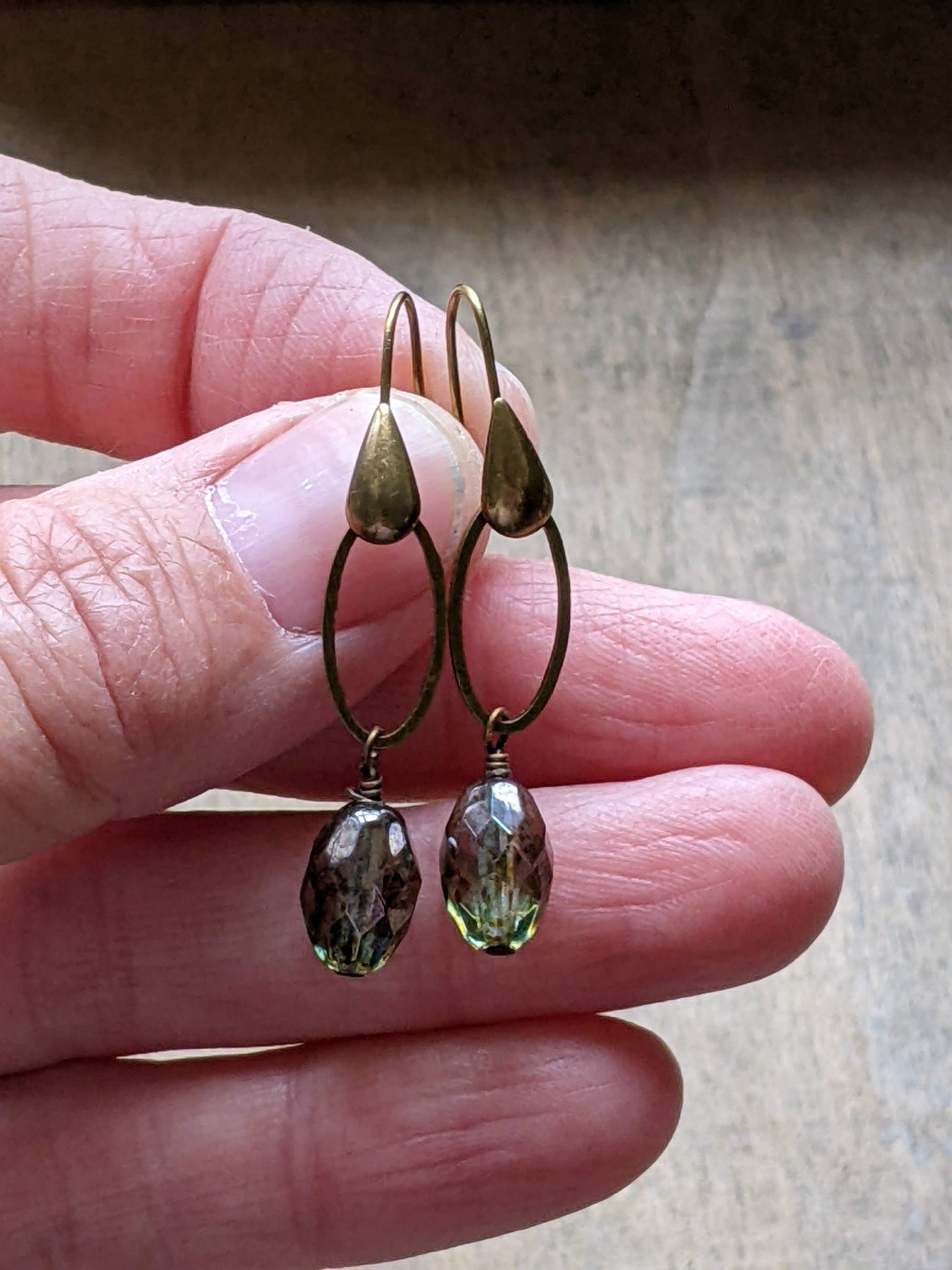 Green Glass and Brass Earrings