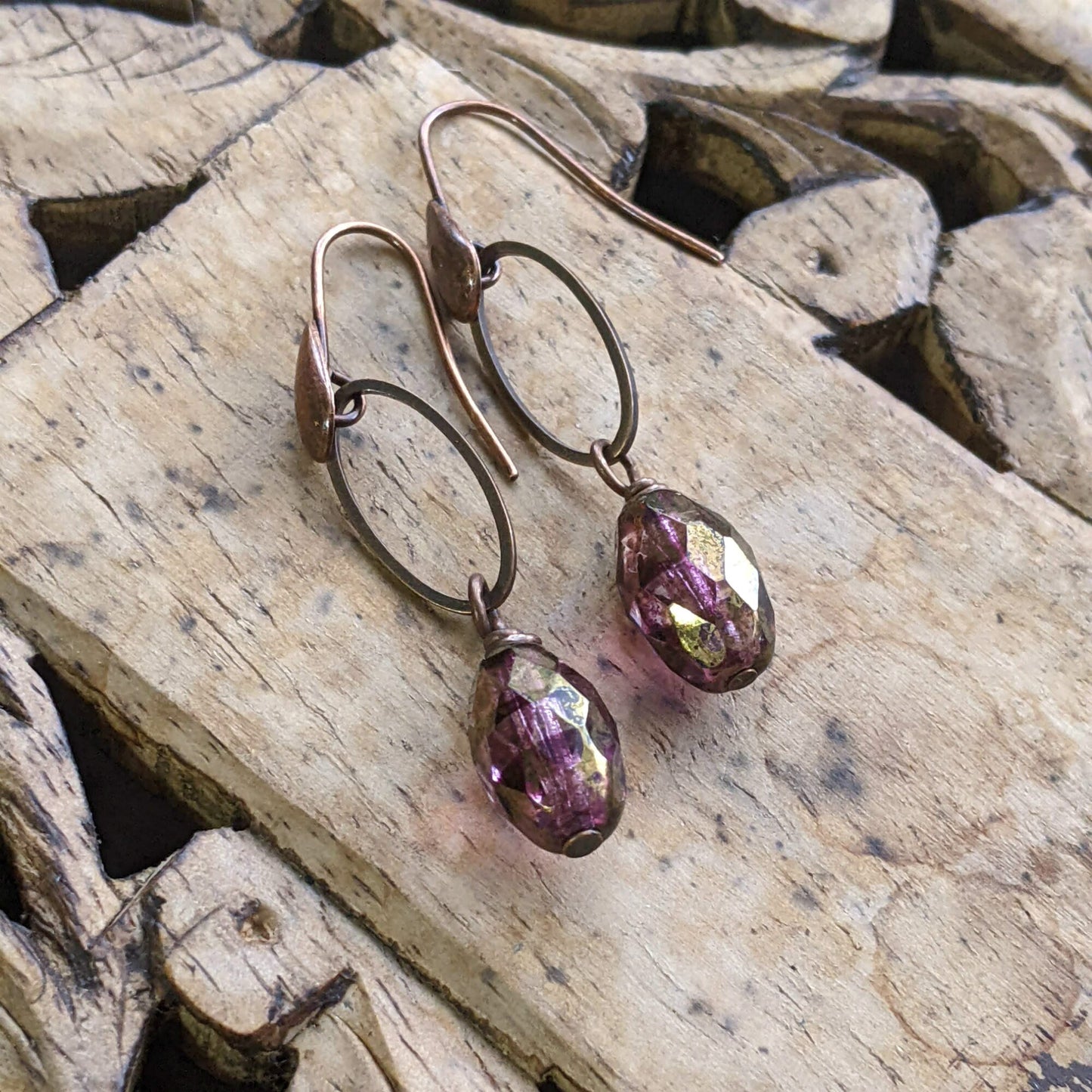 Copper Earrings Purple Glass