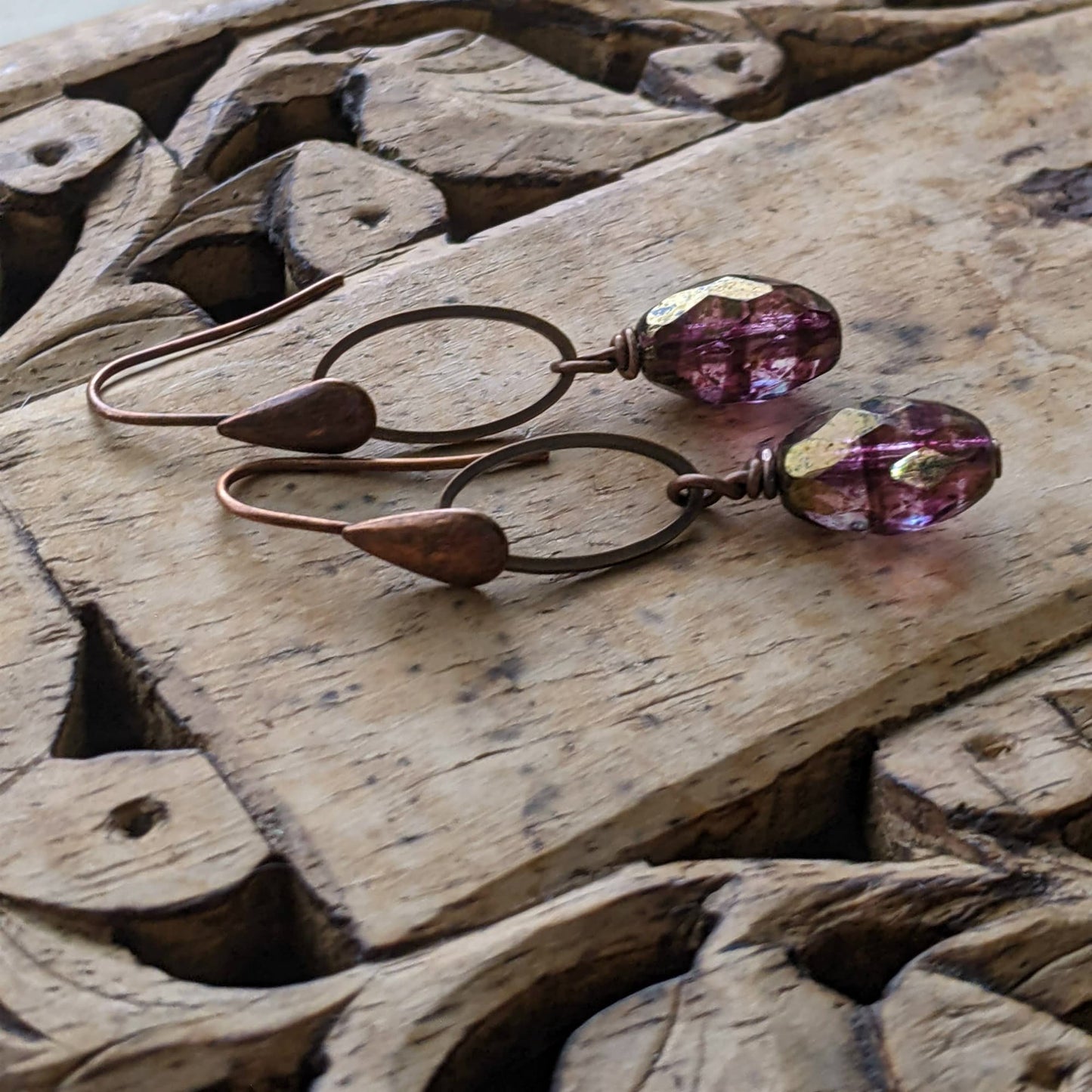 Copper Earrings Purple Glass