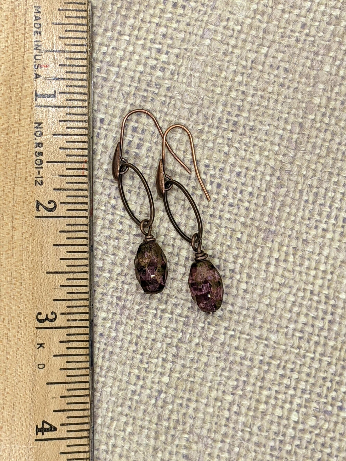Copper Earrings Purple Glass