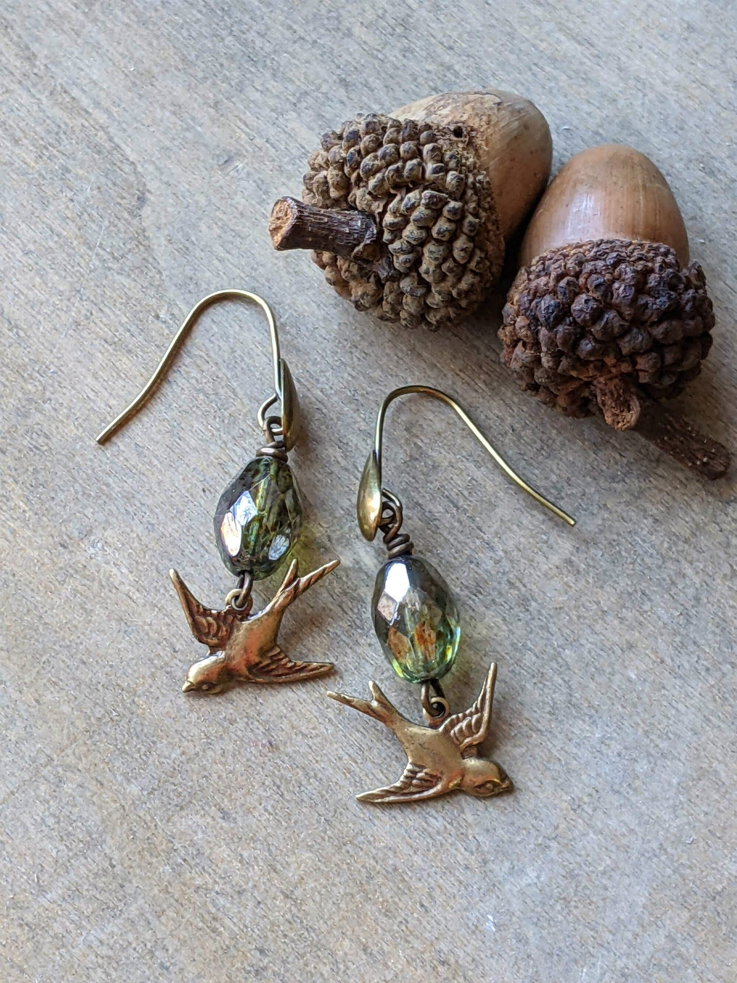 Bird Earrings Green Glass and Brass