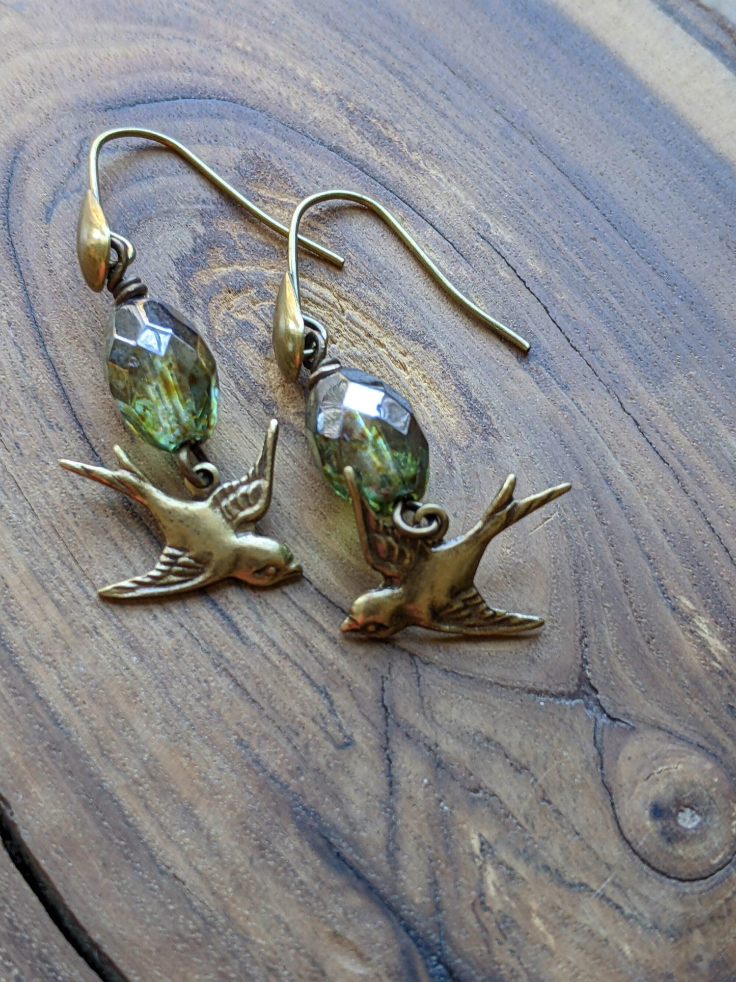Bird Earrings Green Glass and Brass