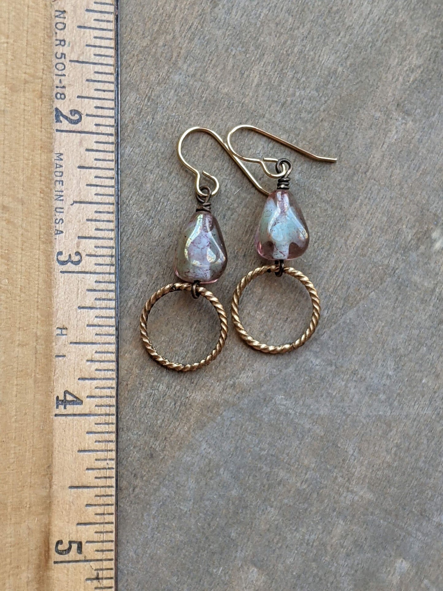 Pink Glass and Brass Earrings