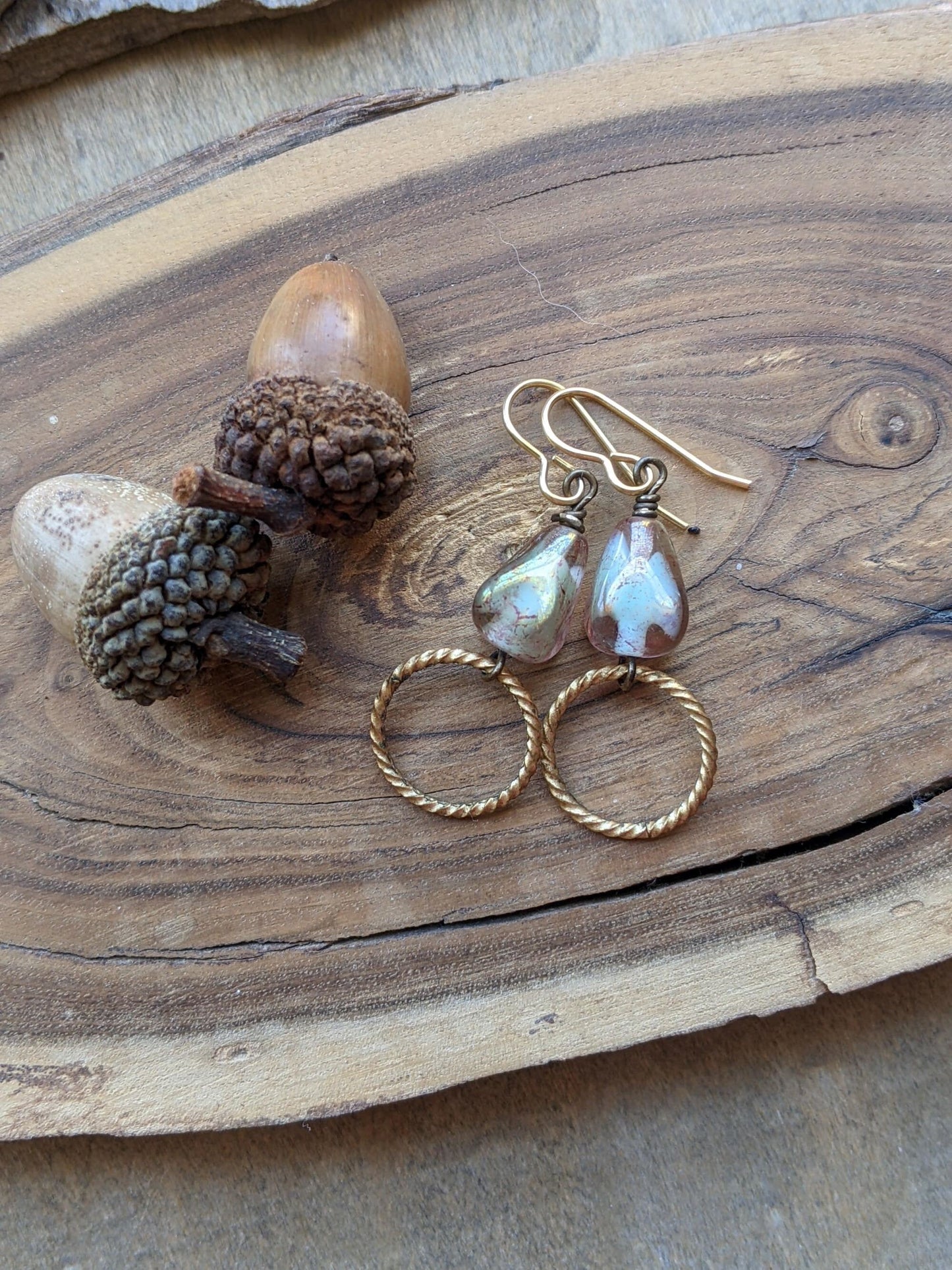 Pink Glass and Brass Earrings
