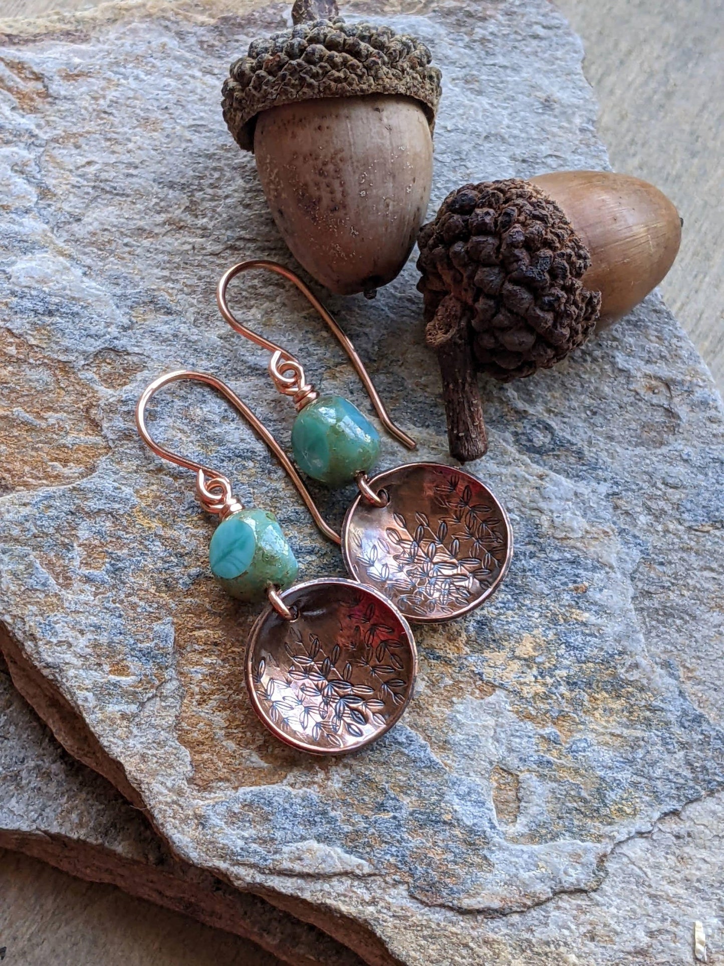 Copper Earrings Green Glass