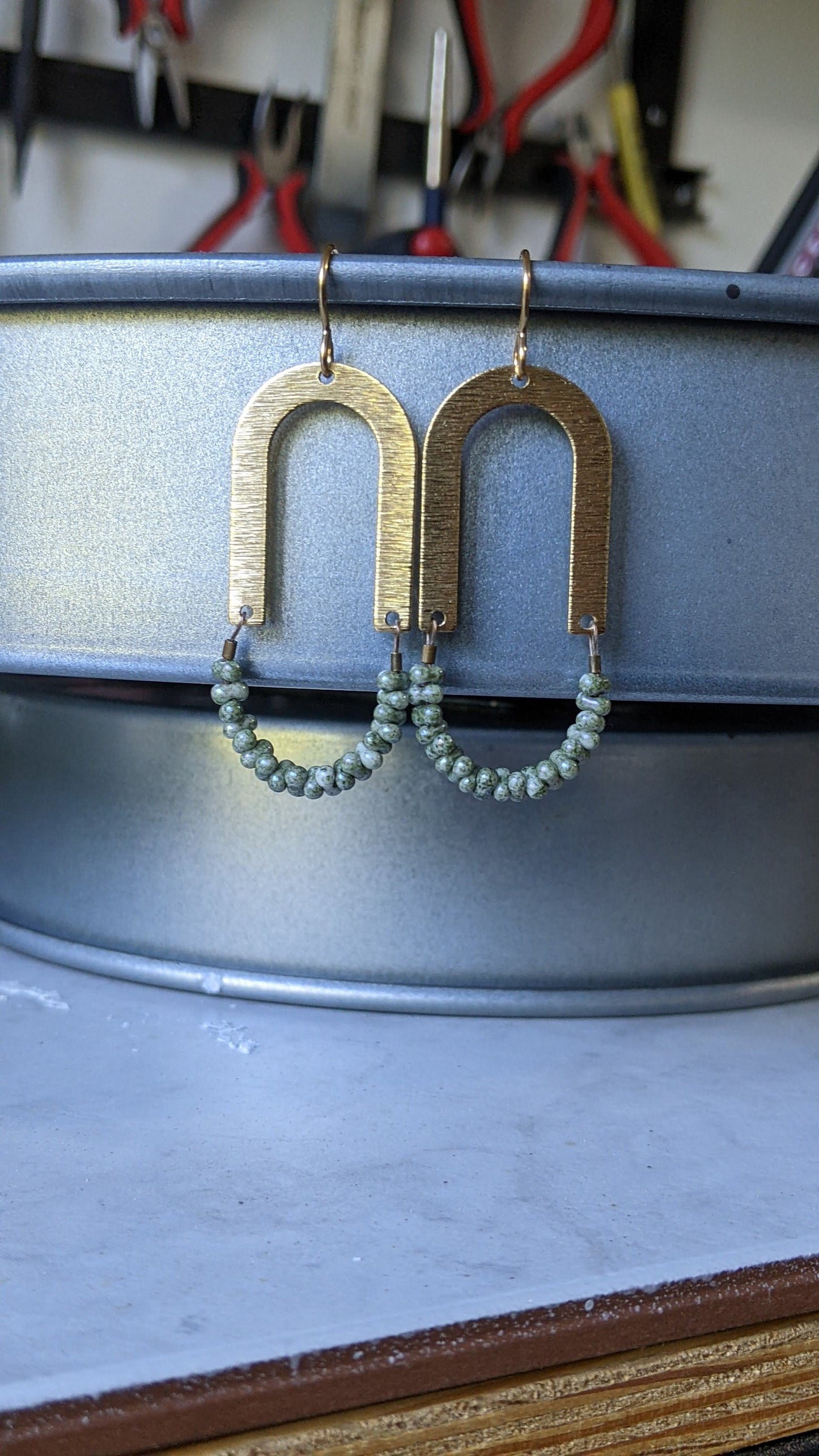 Geometric Arch Earrings Green Glass and Brass