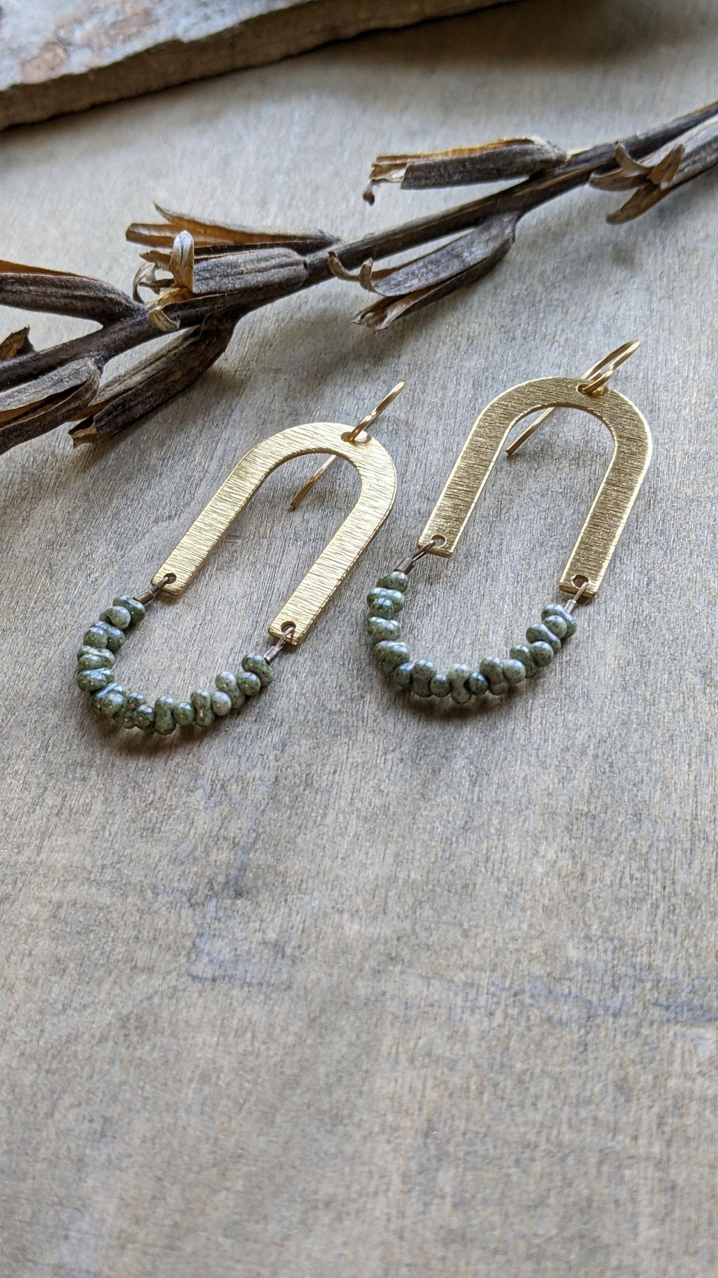 Geometric Arch Earrings Green Glass and Brass