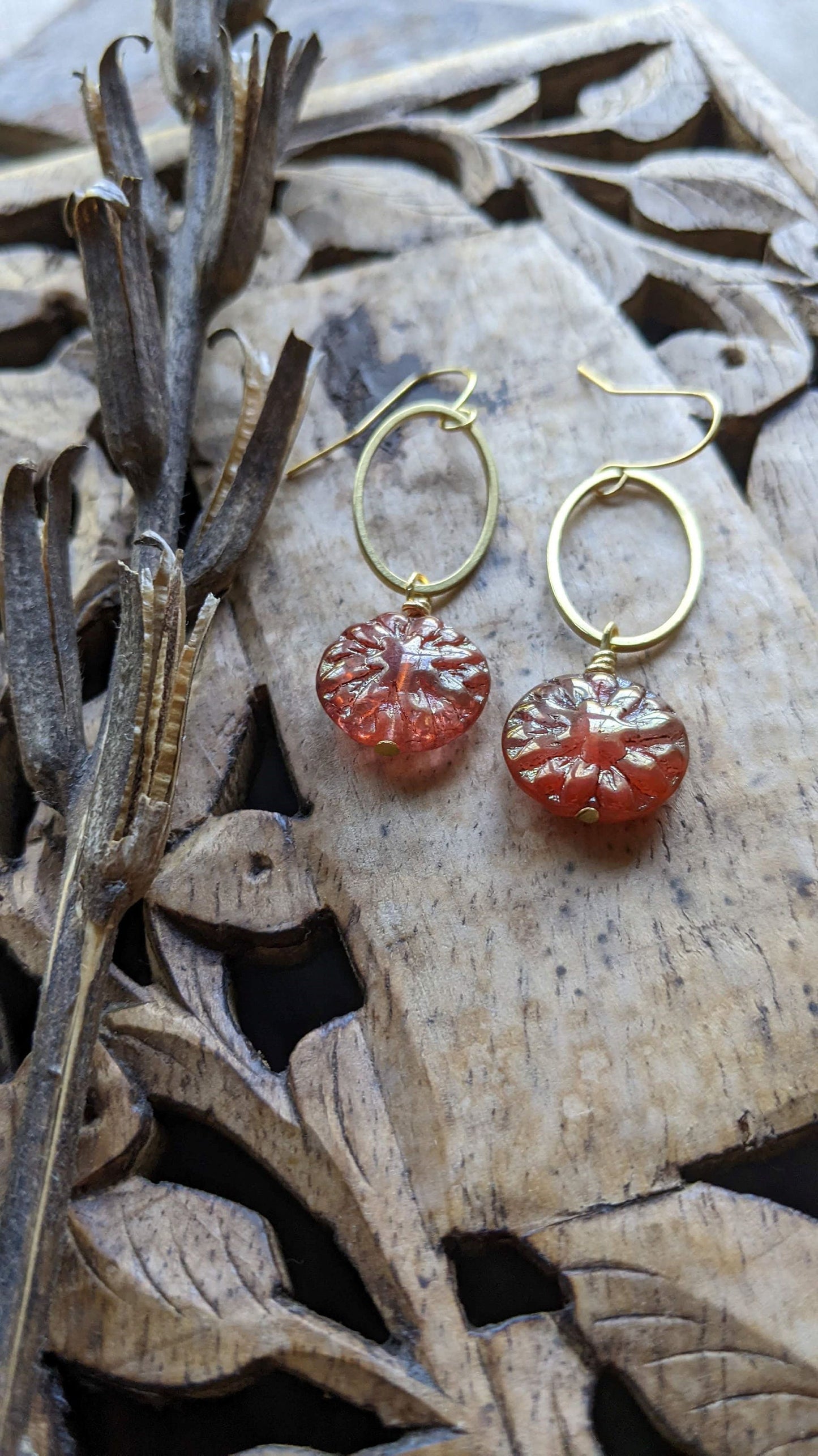 Sunburst orange glass and brass geometric earrings