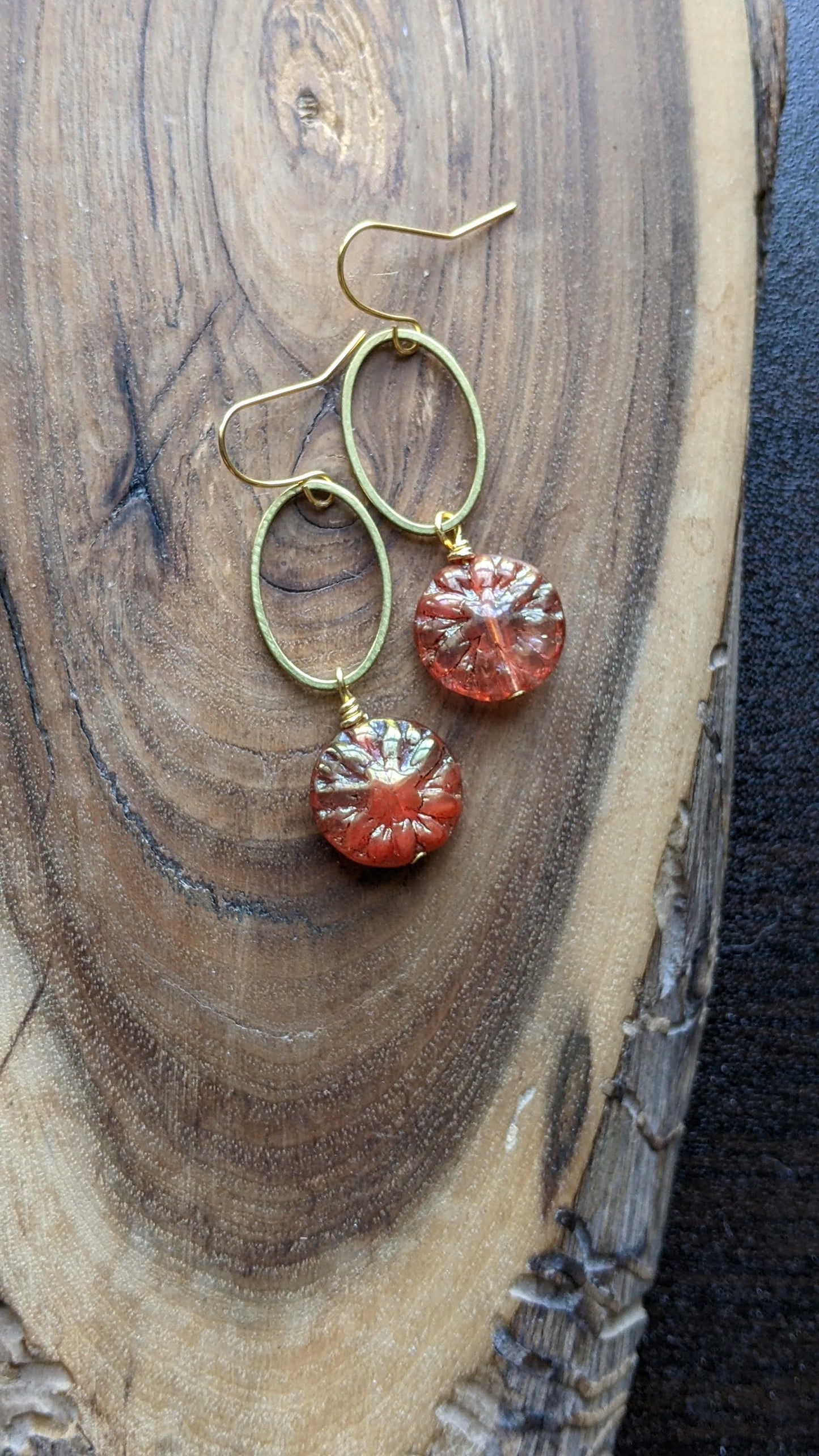Sunburst orange glass and brass geometric earrings