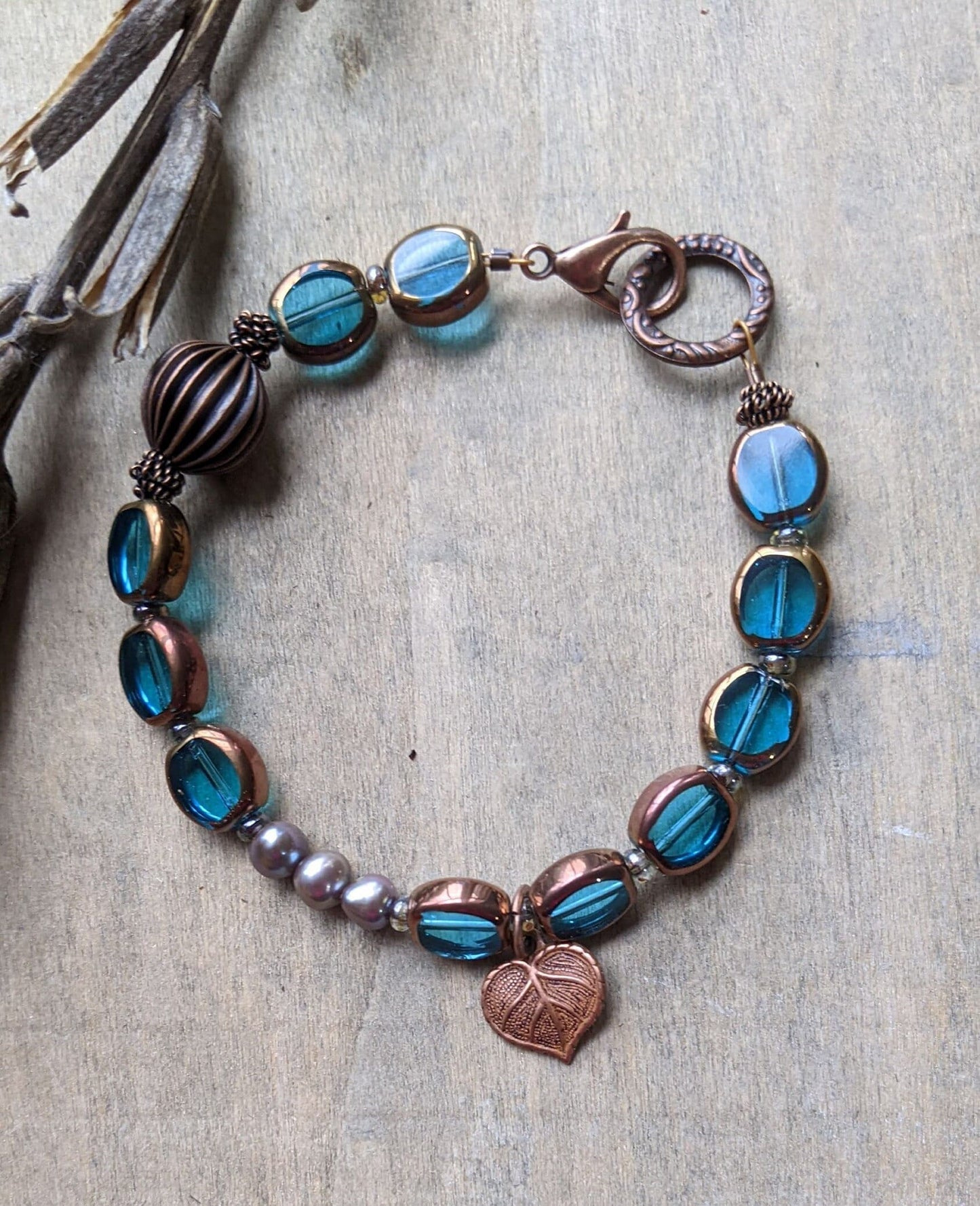 Beaded Bracelet Blue Glass and Copper
