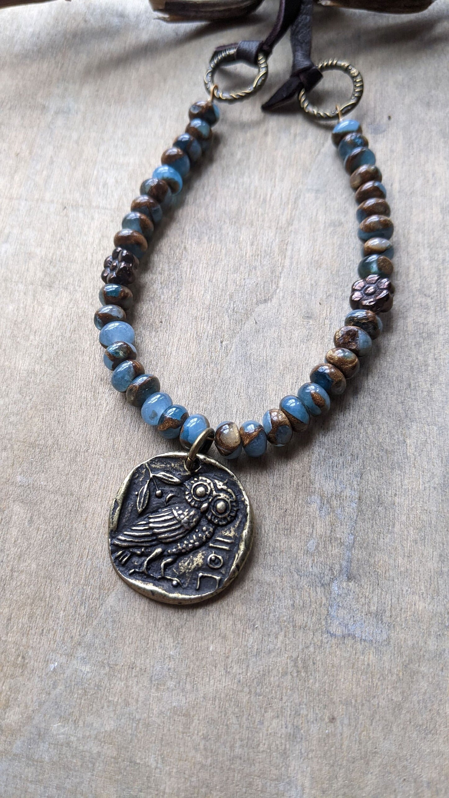 Owl Necklace  Leather Cord and Beaded Gemstone