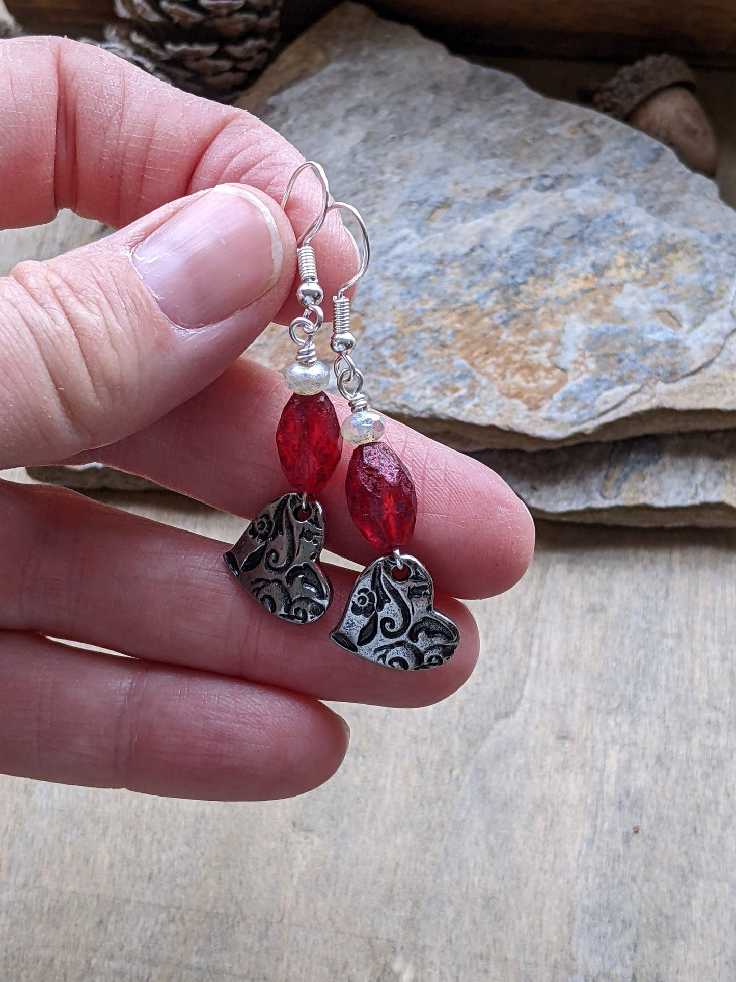 Heart Earrings Red Glass