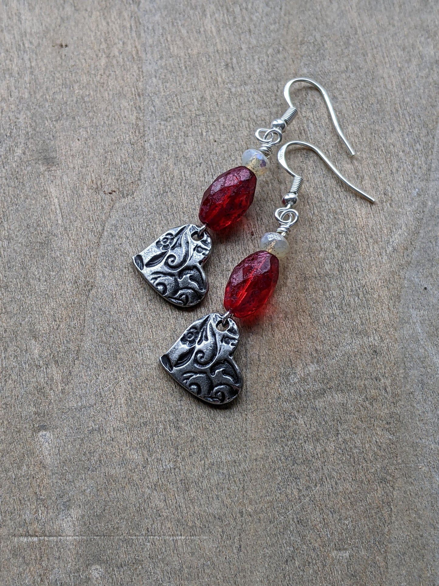 Heart Earrings Red Glass