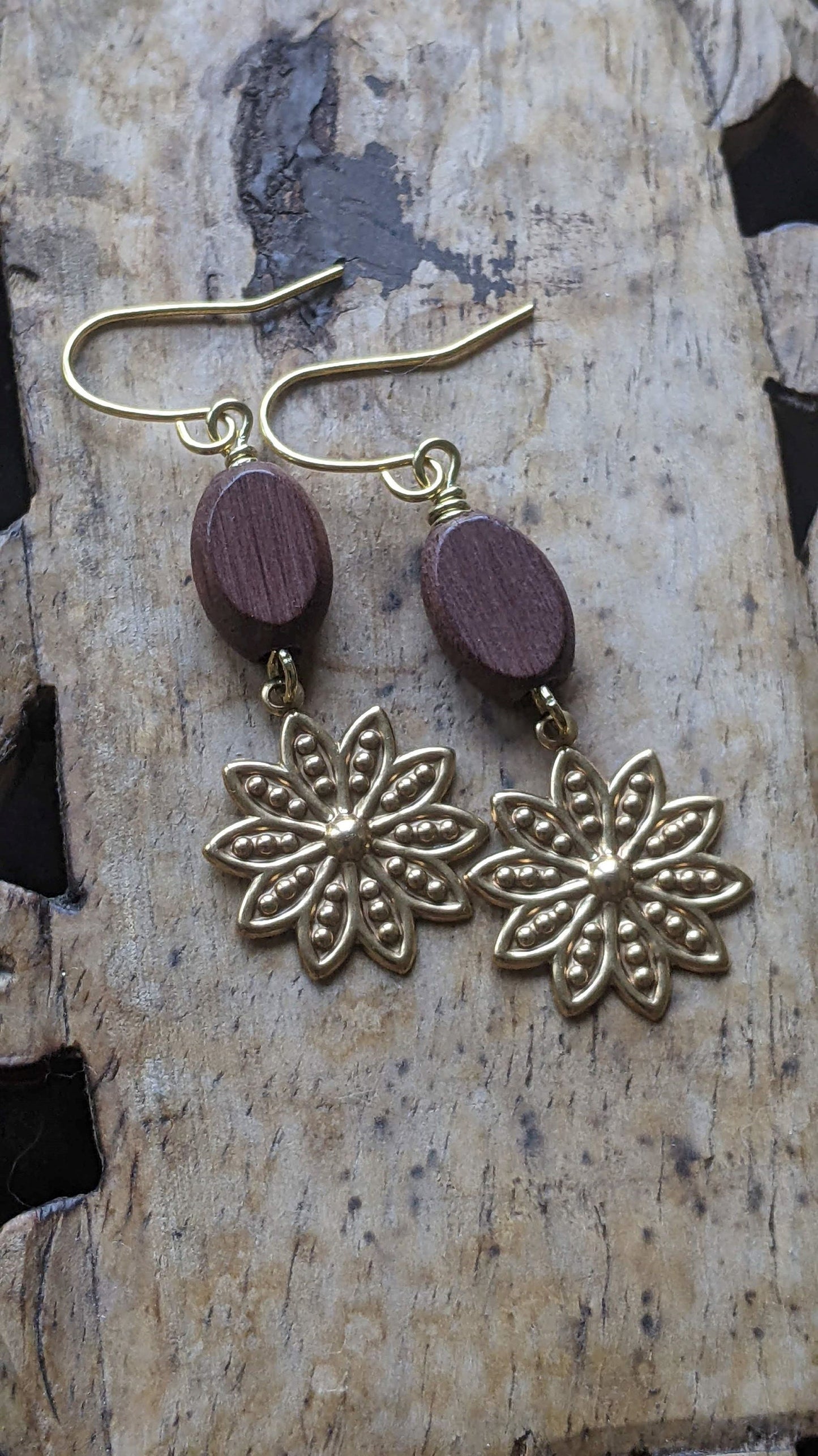 Flower Earrings Wood and Brass