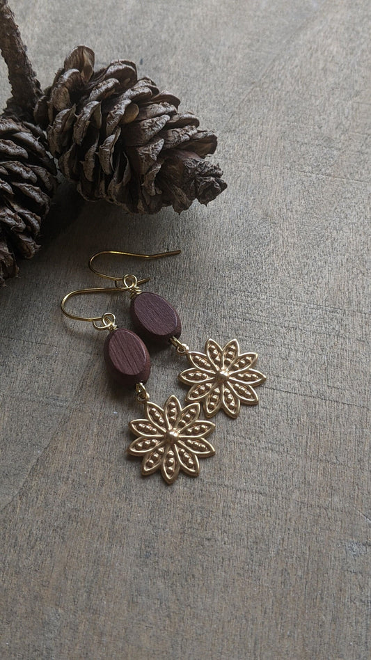 Flower Earrings Wood and Brass