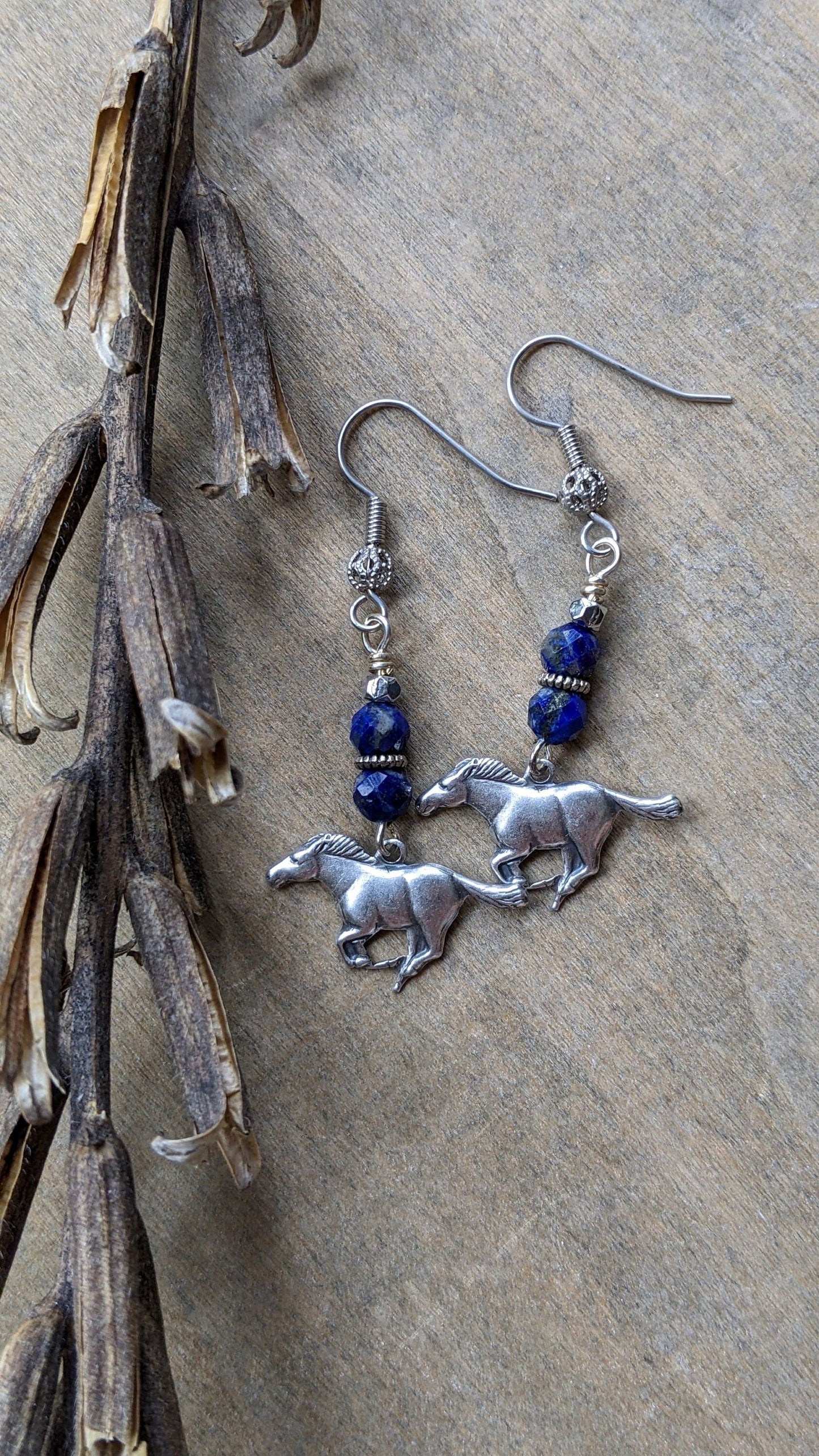 Horse earrings beaded gemstone earrings blue gemstone jewelry